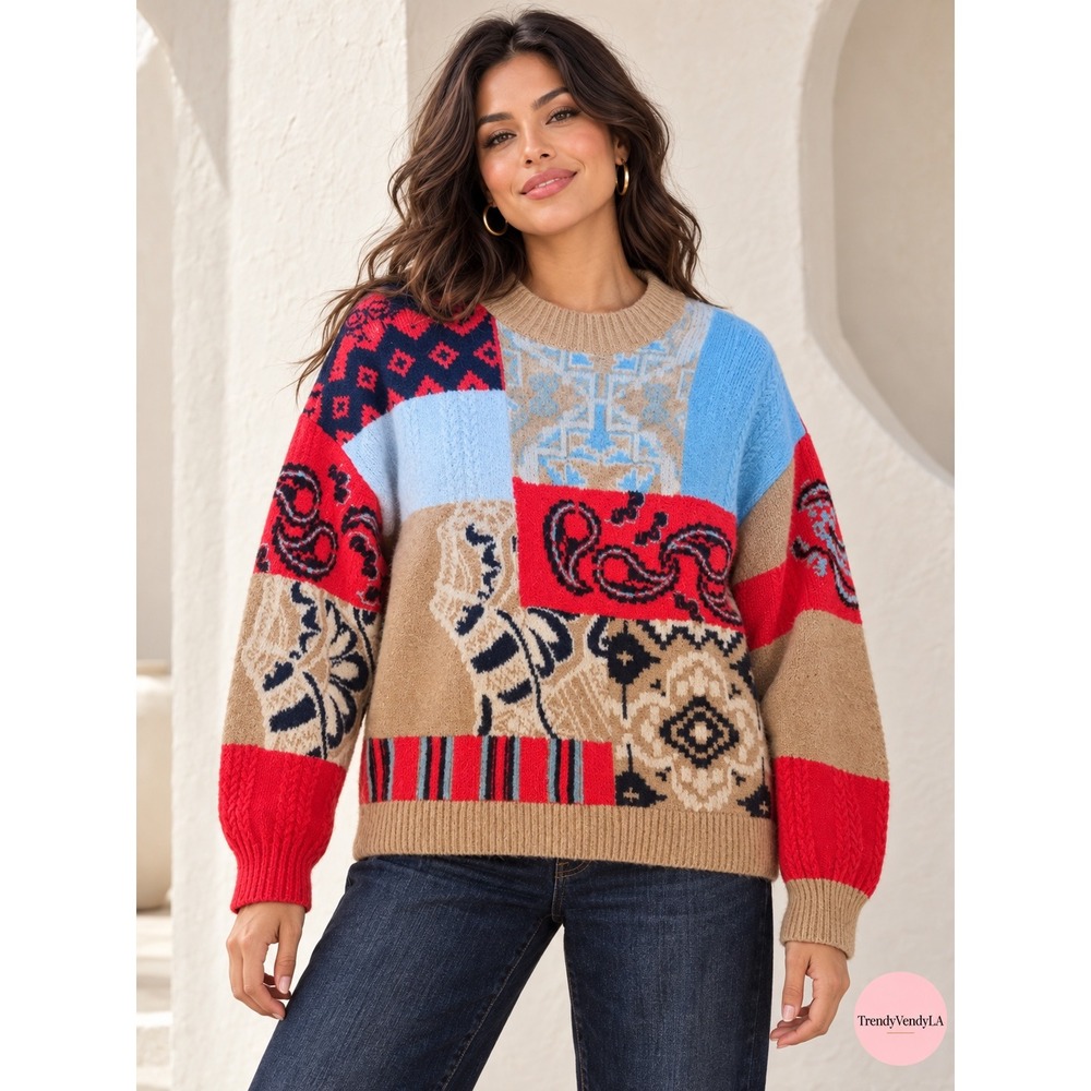 Anthropologie Mixed Media Patchwork Paisley Knit Sweater Tan Red Blue Small